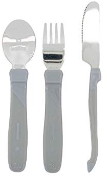 Twistshake Babybesteckset aus Edelstahl | Babylöffel + Babygabel + Babymesser | BPA-freies Besteckset zum Entwöhnen von Babys | Lernbesteckset für Kinder | Kinderbesteck-Set | 12 m+ | Pastellgrau