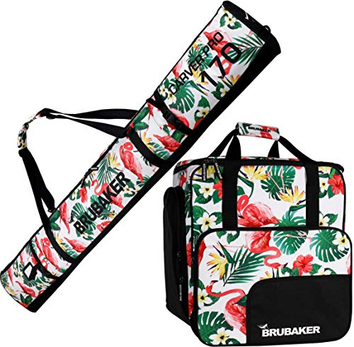 BRUBAKER Kombi Set CarverSpotlight - Skisack und Skischuhtasche für 1 Paar Ski + Stöcke + Schuhe + Helm - Flamingos - 170 cm