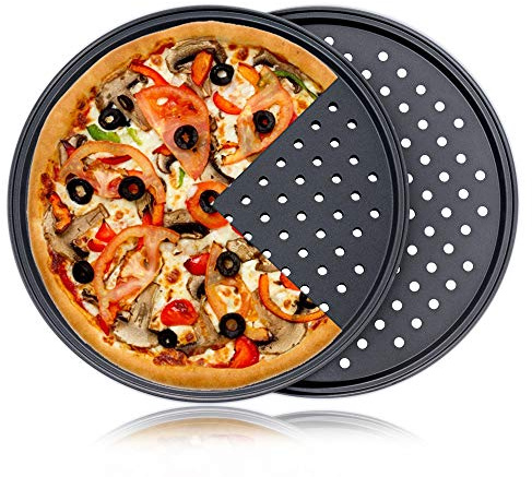 Pizza Pan With Holes, 2 Pack Carbon Steel Perforated Non-Stick Tray Tool Crispy 12inch Round for Home Kitchen