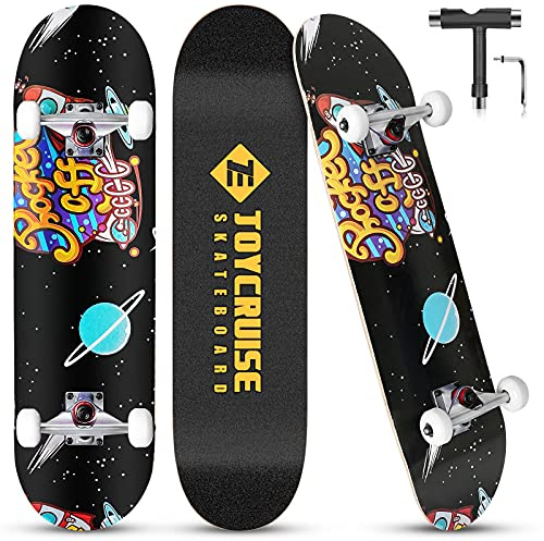 Skateboard Kids, Joycruise 80 cm x 19,8 cm standard skateboards för vuxna tonåringar barn och nybörjare, 7 lager kanadensisk lönndäck dubbel spark konkav cruiser med T-verktyg svart (raket)
