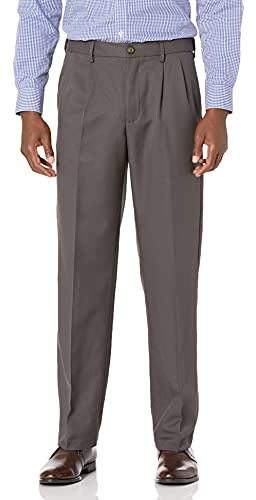 Amazon Essentials Pantalon Habillé à Pinces à Taille Ajustable Coupe Classique Homme, Gris Foncé, 46W / 30L