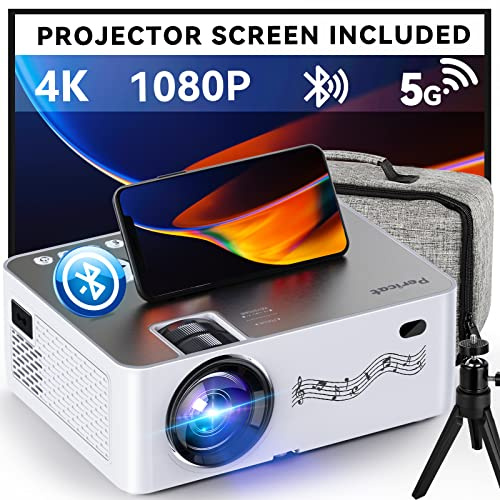 Projektor med WiFi och Bluetooth, 5G wifi, inbyggd 1080p/12000L videoprojektor med skärm, 4K utomhusprojektor, 350-tums skärm med bärväska för iPhone, TV-stick, Mac