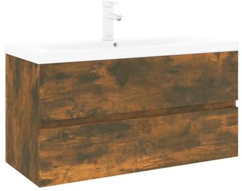 vidaXL Sink Cabinet with Built-in Basin Bathroom Sink Unit Floating Vanity Unit Washroom Washbasin Under Sink Cabinet Smoked Oak Engineered Wood