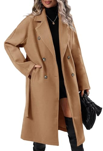 Danedvi Women Elegant Wool Pea Coat Lapel Collar Double Breasted Mid-Long Winter Overcoats with Belted Pockets