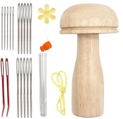 QENETY Stopfpilz, Holz-Stopfpilz-Set mit Stopfnadel, Nähgarn, Nähstopfnadel, Stopfpilz für DIY-Handnäharbeiten, Socken, Kleidung (Needles)