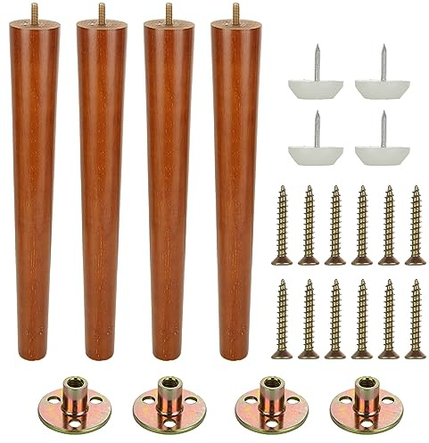 VIDETOL 4 Stück Möbelfüße Holz Rund, 40 cm Konisch Tischbeine Holz mit Gummipads, Montageplatten und Schrauben, Holzfüße für Möbel, Sofa, Bett
