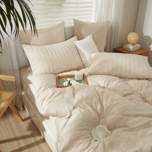 YASMENG Seersucker - Ropa de cama de 220 x 240 cm, diseño a rayas, color beige, 3 piezas, suave y transpirable, microfibra, funda nórdica con cremallera y 2 fundas de almohada de 80 x 80 cm