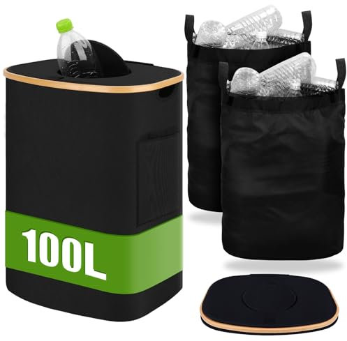 Hysagtek Pfandflaschen Sammelbehälter 100L, Pfandflaschen Behälter mit 2 Abnehmbaren Tragetaschen, Pfandsammler Pfandbehälter mit Deckel, Leergut Sammelbehälter für Küche