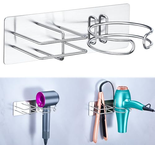 XILIMEN Hair Dryer and Straightener Holder Wall Mounted, Self Adhesive Metal Blow Dryer and Flat Iron Curler Storage Organiser Stand for Dressing Table Bathroom (Silver)