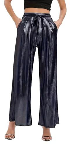 EMOTTOS Pantalones Lentejuelas para Mujer, Brillante Cintura Alta Pantalones de Pierna Ancha, Pantalones de Color Holográfico con Cordón y Bolsillos Ligeros para Fiesta Club, Negro, S
