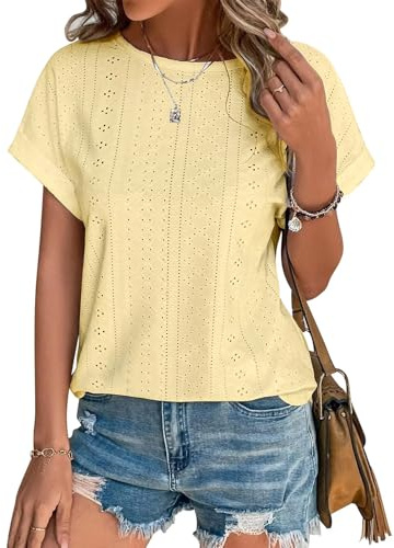 Cuptacc Damtoppar T-shirts för kvinnor UK kortärmad rund hals eleganta blusar öljett broderier topp