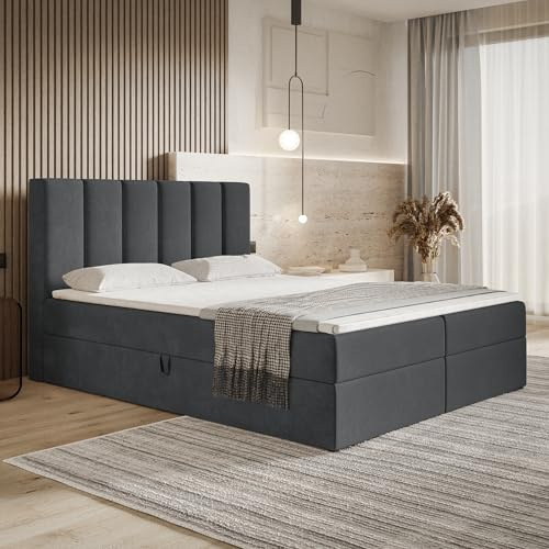 MOTIVENA Santiago Boxspringbett 180x200 Grau Samt, mit Taschenfederkern-Matratze (H3), mit T28 Komfortschaumstoff Topper (H3), Boxspringbett 180x200 mit Bettkasten Grau (Anthrazit)