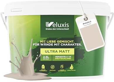 Veluxis Wandfarbe Beige Grau Hellgrau Matt Innenfarbe – Deckkraft Klasse 1, VOC-frei, Ohne Grundierung, Tropfarm – Wohnzimmer & Schlafzimmer – 2,5L (Pure Potato)