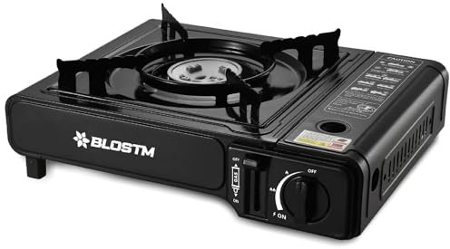 BLOSTM Estufa de gas portátil para camping, estufa de camping de un solo quemador con sistema de encendido automático, control de temperatura, uso con butano o GLP, pequeña cocina de gas para pesca