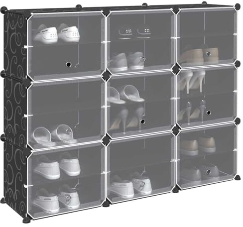 Teenpull hyllsystem med 9 kuber och dörrar, svart, PP-plast, modulärt skåp för kläder, skor, leksaker, kontor, vardagsrum, hall