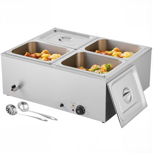 VEVOR Chauffe-Plat Électrique à Vapeur 1500 W, Buffet Chauffant en INOX, Bain-Marie avec 4 Bacs de 1/2, Couvercle et Louches à Soupe et Perforées, pour Servir Buffet en Libre-Service Restauration