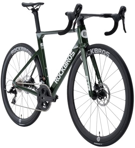 ROCKBROS CTR 2.0 Bicicleta de Carretera Carbono T700, 700C Bicicleta con Frenos de Disco Hidráulicos 2x12 Velocidades, Ruedas de Carbono 40mm Ultraligera 28 para Hombres y Mujeres Verde, L