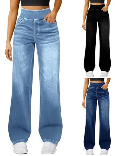 Generisch Pantalones vaqueros para mujer elásticos con goma, pantalones vaqueros para mujer, cintura alta, pantalones de ocio, pantalones largos de pierna ancha, pantalones de mezclilla elegantes con