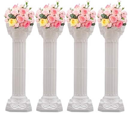 HIFMGHE 4PCS White Roman Column Pillars, 34.65Inch Wedding Roman Columns Set, Plastic Columns and Pillars Flower Stand with 110lb Capacity for Ceremony Event Party Garden Decor