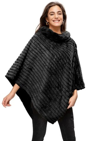 Glamexx24 Poncho da donna elegante mantello invernale con scollo rotondo, spesso mantello in calda pelliccia lavorata a maglia, Nero , Taglia unica