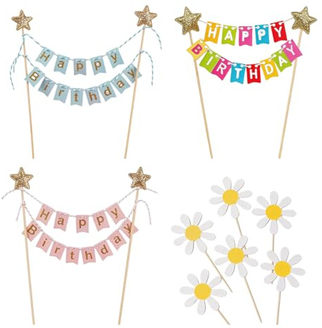 UZYXC Set di Decorazione per Torta di Compleanno– 3 Stendardi a Bandierina & 2 Picchetti a Carta Margherite per Feste di Compleanno,Baby Shower, Festa, Decorazione Torte, Picchetti per Torte