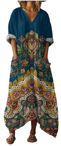 Vestidos Largo Mujer Verano de Fiesta Elegantes Lino Algodón Cuello V Manga 3/4 Estilo Vintage Estampado Étnico Geométrico Vestido Playeros Sueltos Casual Talla Grande Dress con Bolsillos Ropa Playa