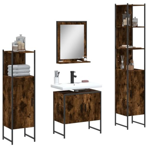 Traylux 4-TLG. Badrumsmöbler set rökek trämaterial med tvättställ, tvättställsunderskåp, spegel och väggskåp för eleganta badrum med gott om lagringsutrymme och modern väggmontering