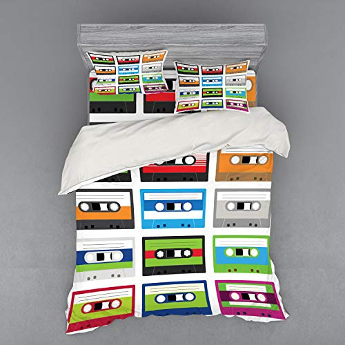Ambesonne 90s Bedding Set, Composition of Retro Plastic Audio Cassettes Tapes Old Technology Entertainment Theme, 4 Piece Duvet Cover Set with Shams and Fitted Sheet, Queen Size, Green Blue