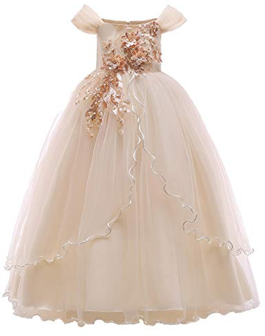 IWEMEK Pageant Robe Enfant Fille Fleurie Brodée Princess Robe Mariage Paillettes Perlé Tulle Longue Costume Hors Épaule Demoiselle d'honneur Communion Cérémonie Anniversaire Soirée Champagne 6-7 Ans
