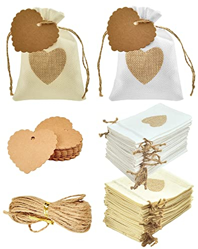 LAOYE 30 Stück Jutesäckchen Herz 10 x 14cm kleine Säckchen zum Befüllen Jute Geschenktüten Herz Geschenkanhänger 6m Hanfseil Leinensäckchen für Hochzeit Party Geschenke Süßigkeiten