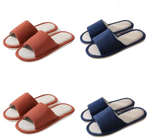 Teceyfeet Lot de 4 paires de pantoufles d'hôtel en lin - Lavables - Antidérapantes - En coton - Confortables - Pour homme et femme, 2 bleus de 29 cm et 2 orange de 27 cm, 39/44 EU