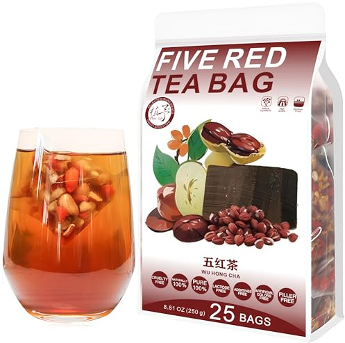 Plant Gift 50 Cups Five Red Tea Bag (五红茶 WU HONG CHA) 8.81oz (5g*50bags/250g) Chinese Wolfberry, Brown Sugar, Red Bean, Peanut, Natural Mixed Herbal Combination of Floral Tea
