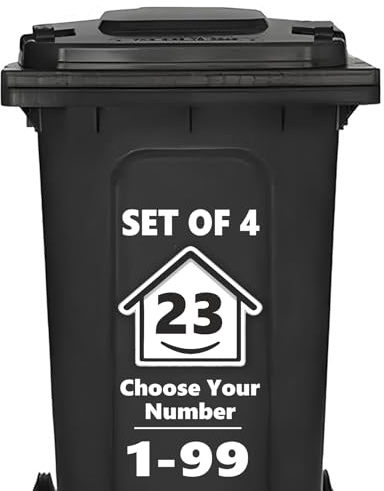 4 x Bin Numbers for Wheelie Bins, 1-99, 15cm ‘Happy House’ Design Dustbin Stickers, Easy Application Stick On Number Stickers - Weatherproof Self Adhesive Vinyl, Black (23)