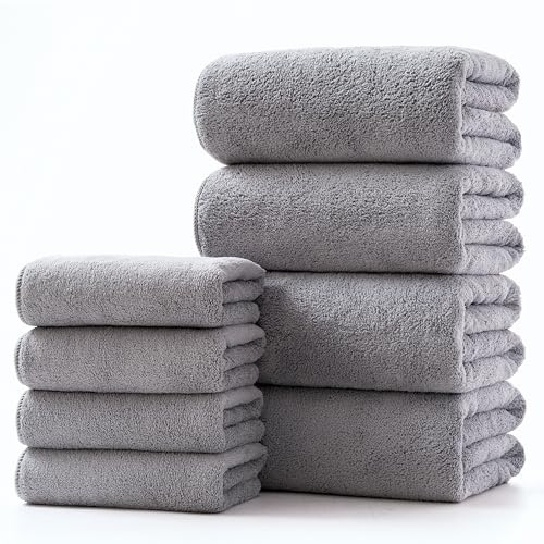 Lumimi Towel Set of 8 Very Soft Microfiber 4 Bath and 4 Hand Towels Quick Dry Light Weight for Bathroom Gym Salon, 8 Pack Light Grey