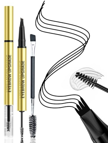 Vawolecy Stylo à sourcils Microblading avec gel sculptant - Crayons à sourcils 2 en 1 améliorés avec 4 pointes de fourche et pinceau pour sourcils naturels