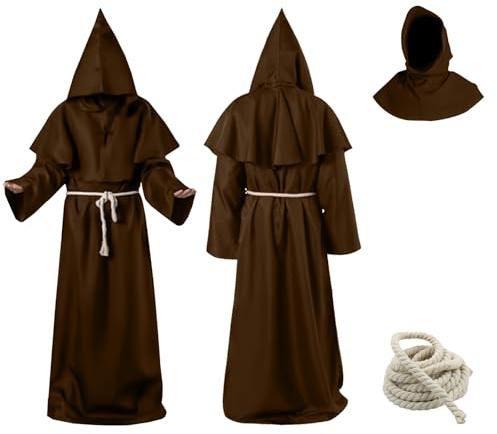 Aitsite Disfraz de Monje Sacerdote, Túnica Medieval Renacentista con Collar de Cruz y Cinturón, Capucha, Disfraces de Sacerdote para Carnaval Cosplay Party.(Marrón-XXL)