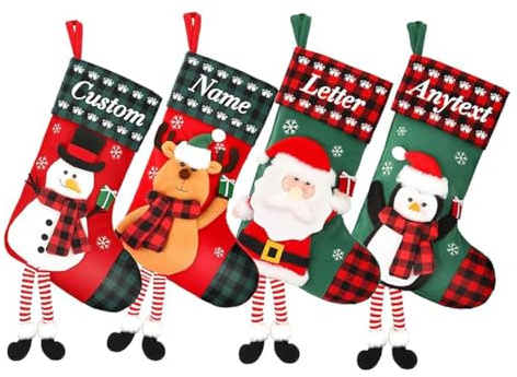 Chaussette de Noël personnalisée – Père Noël, bonhomme de neige, pingouin, ours, grande cheminée de 45,7 cm – Nom personnalisé de famille pour enfants, rouge et vert traditionnel, dessin animé 3D avec