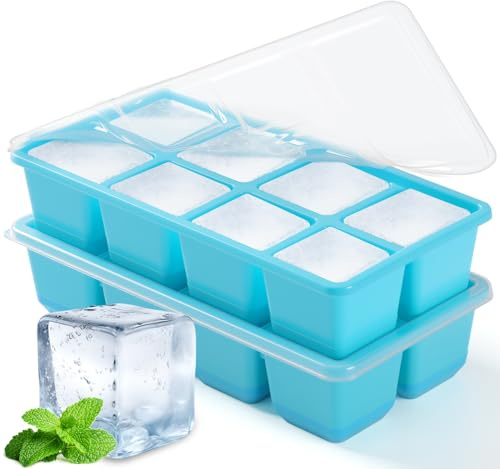 Cubiteras para Hielo 4,5 CM Grande, JRISBO 2Pcs Moldes de Silicona para Cubitos de Hielo XL con Tapa Sin BPA, Fácil Quitar Bandeja Hielo Ice Cube Tray para Whisky Cóctel Café