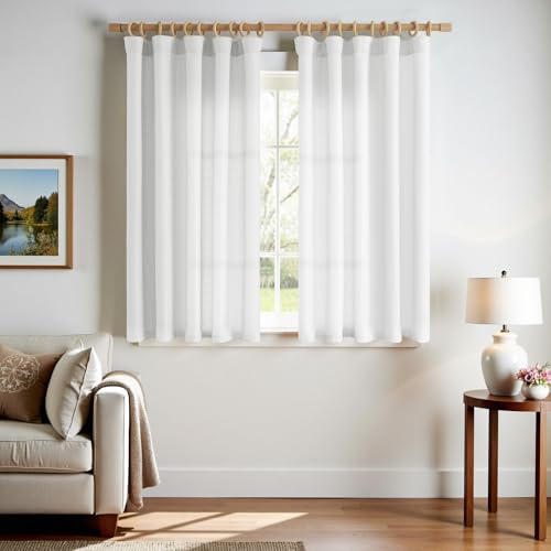 Vangao Gardinen kurz mit Kräuselband Vorhang Weiß 2er Set 140B X 145H cm Wohnzimmer Vorhänge Modern Schienensystem für Küche Schlafzimmer Kinderzimmer Leinenoptik Landhausstil Landhaus Curtains