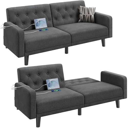 Yaheetech 63 Convertible Couch Small Futon Sofa Bed with 2 USB Ports, Reclining Backrest & Removable Armrests, Mid Century Modern Loveseat for Living Room, Apartment, Office, Dark Gray