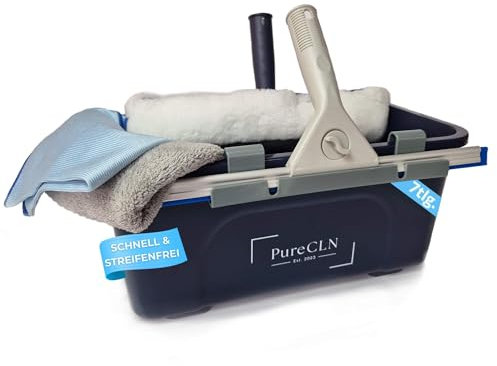 PureCLN Fensterputzer Set Professional 7tlg, Fensterreiniger Set mit Komfort-Halterungen, Fensterreinigung Schnell und Einfach, Fensterputz Set mit Eimer, Abzieher, Einwascher, 2X Mikrofasertuch