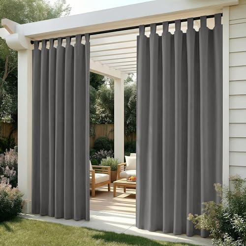 Deconovo Cortinas Exterior para Terraza Jardín o Balcón, Opacas y Repelentes al Agua con Trabillas, Protección Solar y Aislamiento Térmico, Set de 2 Paneles 132x270 cm Gris Claro