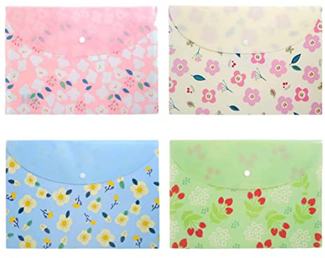 Dossier d'enveloppe, enveloppe en plastique 4 pièces avec motif floral, dossiers de documents A4 avec fermeture à pression pour document d'organisation