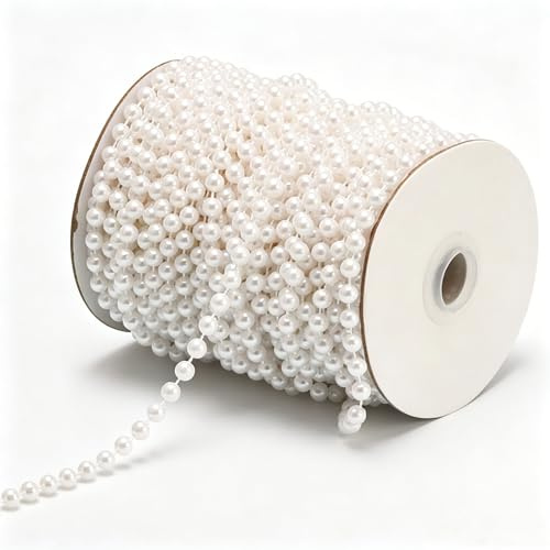 5 Metres (16.4Ft) White Faux Pearl Beads Garland, 5mm Plastic Pearl String Chain Roll for Wedding, Party, Home, Christmas Tree Decoration, Jewellery Making & DIY Craft Supplies