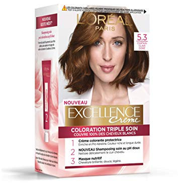 L’ORÉAL PARIS - Coloration Cheveux Permanente Triple Soin - Couvre 100% des Cheveux Blancs - Excellence Crème - Nuance : Châtain Clair Doré (5.3)