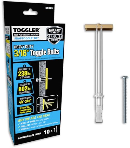 TOGGLER SNAPTOGGLE Heavy-Duty Drywall Toggle Bolt – 3/16-24 UNC Zinc-Plated Anchor for Hollow Walls, Plaster & Tile – Holds 238 lbs in 1/2 Drywall, Easy Install – 2 Pack (Bolts Included)