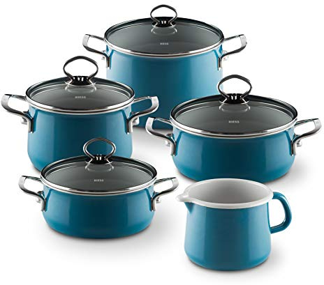 Riess, 0584-010, Familien-Set 5-teilig, NOUVELLE - AQUAMARIN EXTRA STARK, bestehend aus: Fleischtopf mit Glasdeckel 16und 20 cm, Kasserolle mit Glasdeckel 16 und 20 cm und Schnabeltopf 12 cm