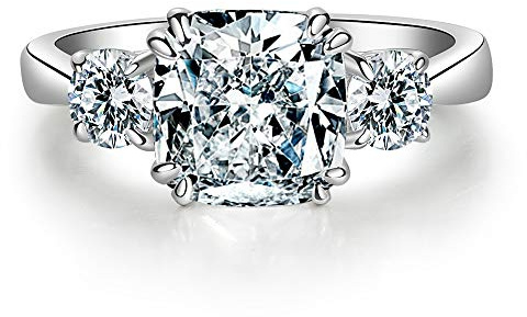BeFab Classic Three Stone Cushion Cut Solitaire Engagement Ring Square Sterling Silver Anniversary Bridal Ring (Silver, 6)