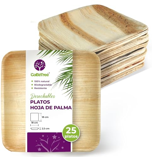GoBeTree Platos Desechables de Hoja de Palma 25 Platos Cuadrados de 18 cm. Vajilla para barbacoas, picnic y Fiesta de cumpleaños, Similar al bambú, más fuerte que platos de papel