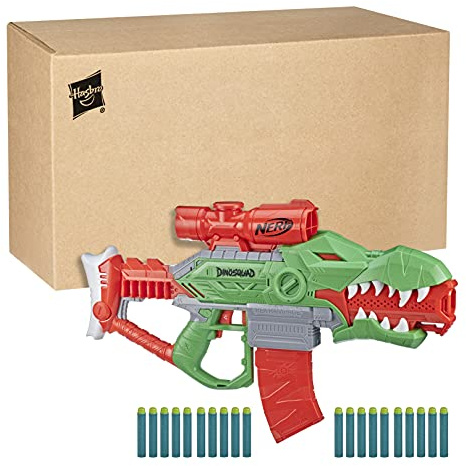 Nerf DinoSquad Rex-Rampage Motorised Dart Blaster, 20 Darts, T-Rex Dinosaur Design, Multicolor